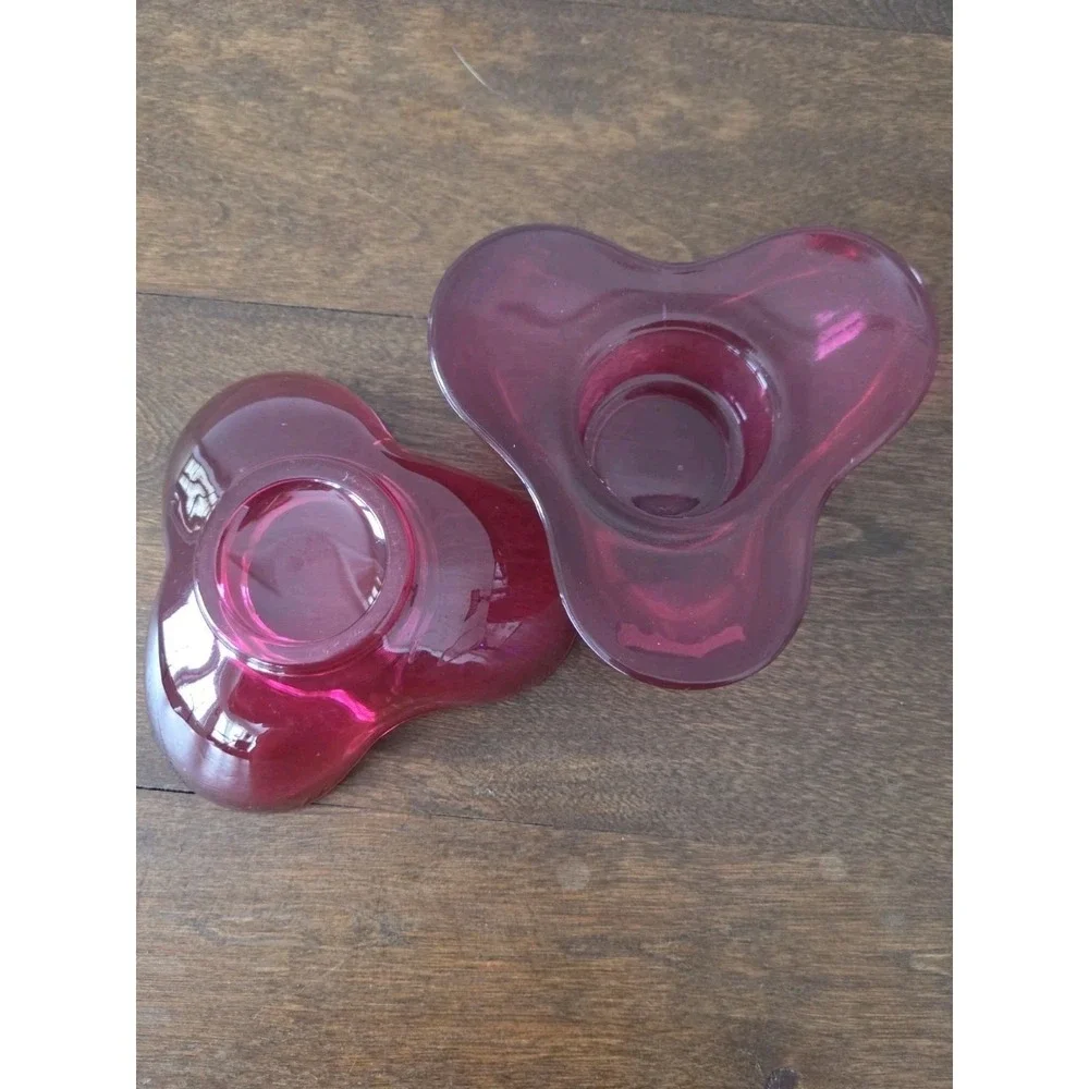 Pair Villeroy & Boch - Clover Trefoil Red Glass Votive Tea‎ Light Candle Holder